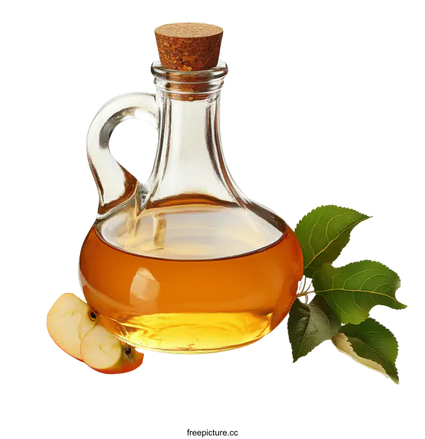 [Transparent Background PNG]Apple Cider Vinegar in Glass Carafe with Apple Slices