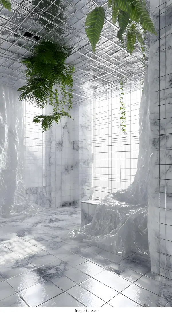White Marble Room with Hanging Plants and Grid Ceiling