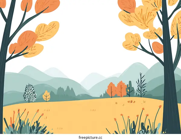 Fall Landscape Illustration with Mountain Range