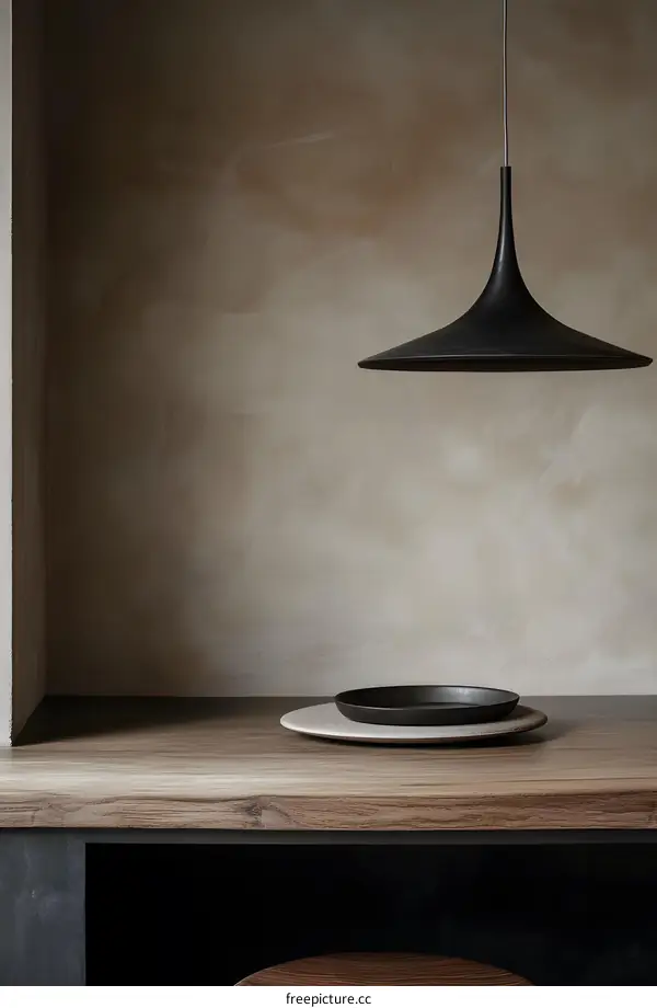 Modern Interior Design with Black Pendant Lamp and Wooden Table