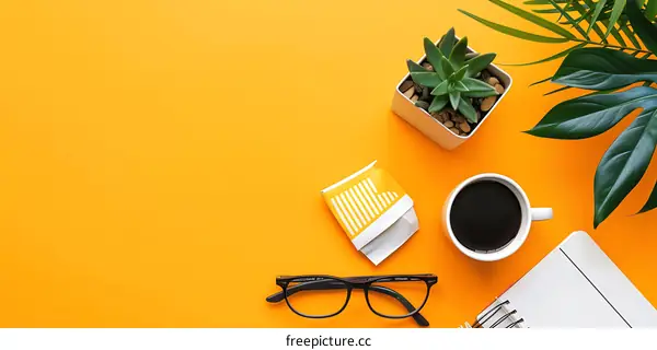 Minimalist Flat Lay with Coffee, Plant, Glasses and Notebook on Yellow Background