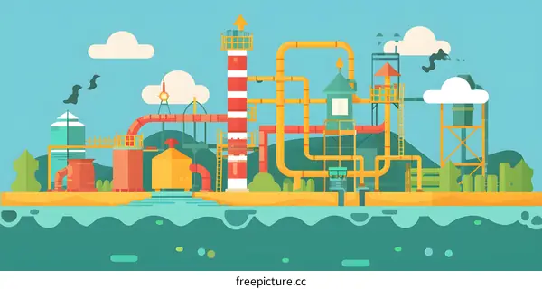 Cartoon Illustration Of Industrial Factory In Nature
