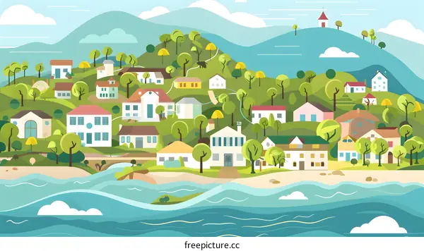 Coastal Town Illustration With Houses and Trees