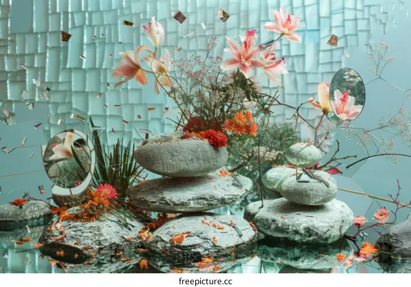 Still life photography of flowers and rocks with reflections on a mirrored surface