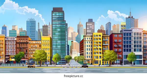 Cityscape Illustration with Buildings and People