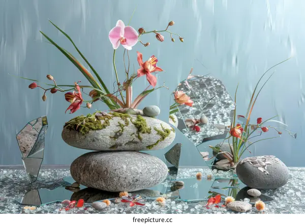 Orchid arrangement on rocks with water reflections