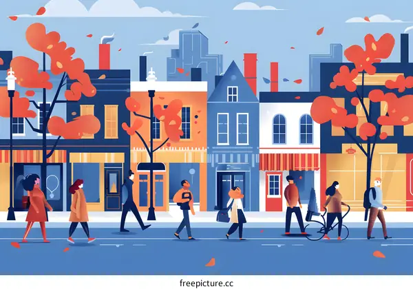 People Walking On Street With Autumn Leaves