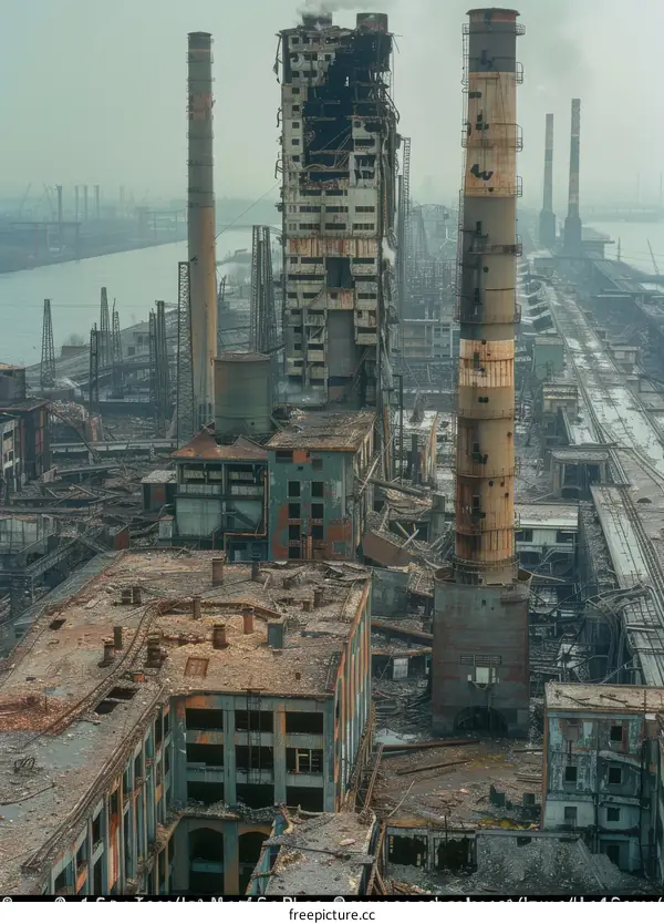 An aerial view of an abandoned industrial complex with factory buildings in ruins, smokestacks, and a river in the background