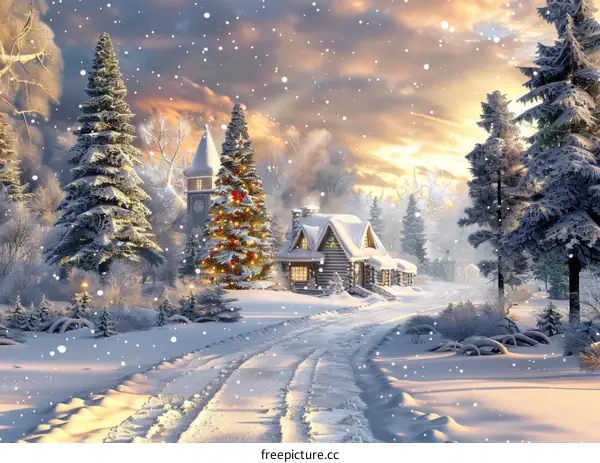 Snowy Christmas Village Scene Illustration