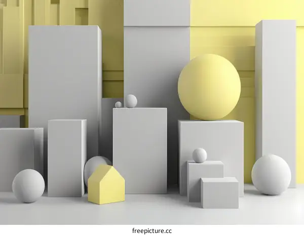 3D Geometric Abstract Scene with Yellow and Gray Shapes