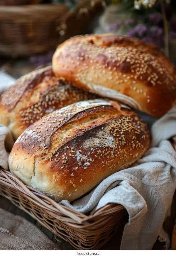 Freshly Baked Sesame Seed Bread Loaves