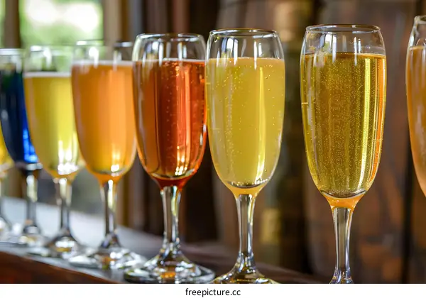 Row of Champagne Flutes Filled with Different Colored Beverages