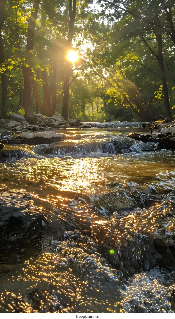Golden Sunlight Reflecting on a Stream in a Forest