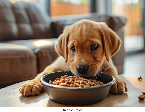 A cute puppy is eating food from a bowl