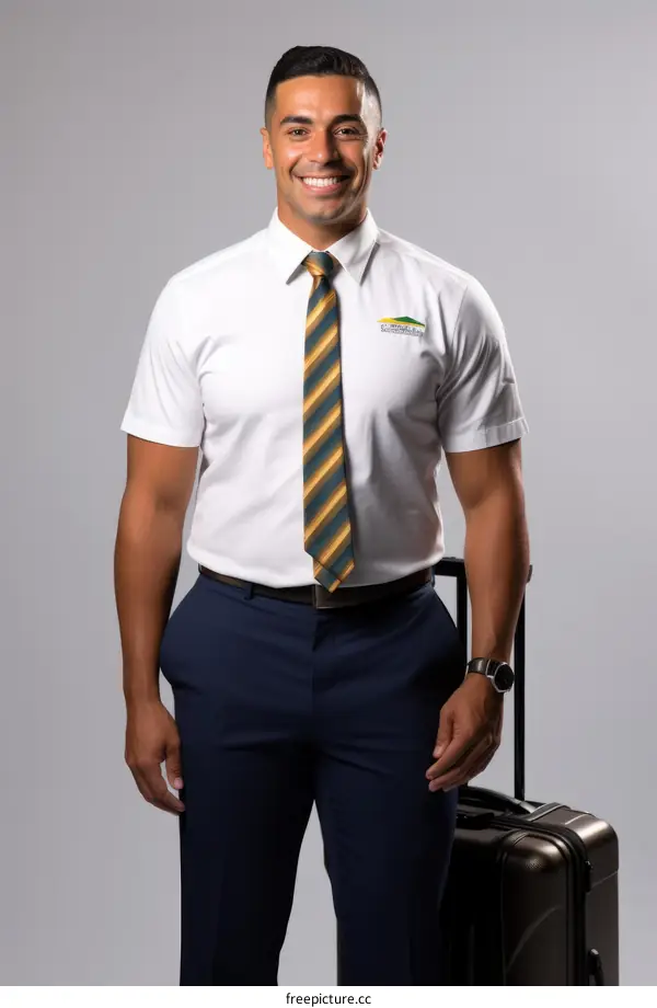 Smiling flight attendant in uniform with luggage