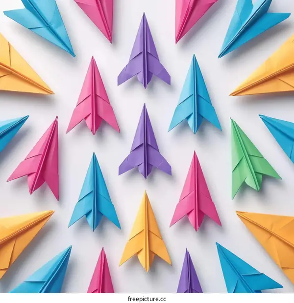 A group of paper planes in different colors arranged on a white background