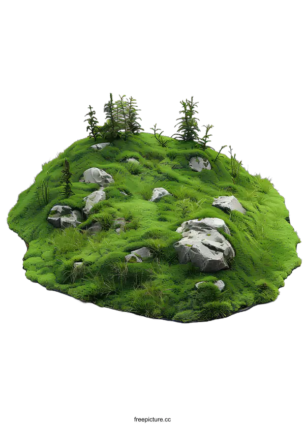 [Transparent Background PNG]Green Mossy Hilltop with Stones and Small Trees
