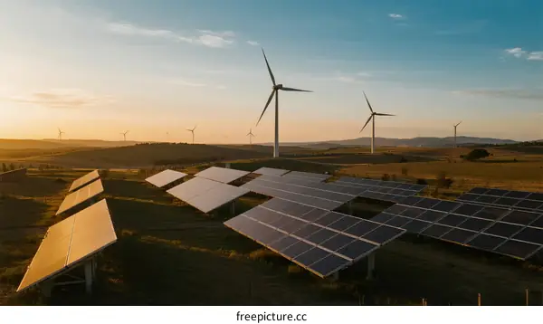 Solar panels and wind turbines in open field at sunset