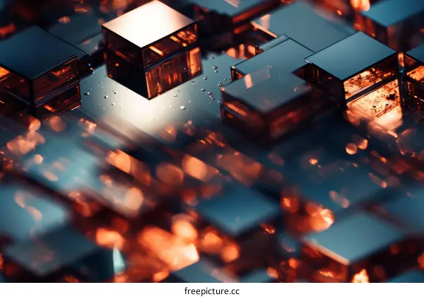 3D rendering of orange and blue cubes with water droplets