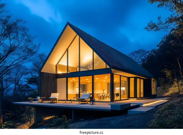 Modern Cabin with Large Windows and a Deck at Dusk