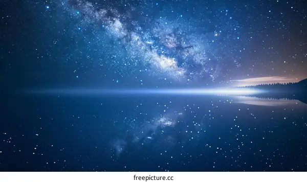 Amazing view of the night sky full of stars and a bright shining galaxy reflecting in the calm water below