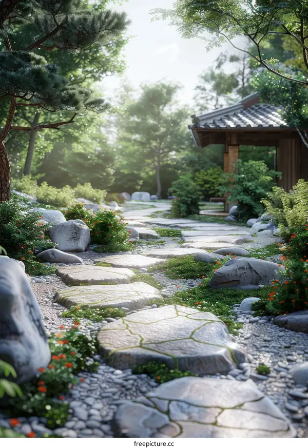 Stone Path Winding Through a Picturesque Japanese Garden