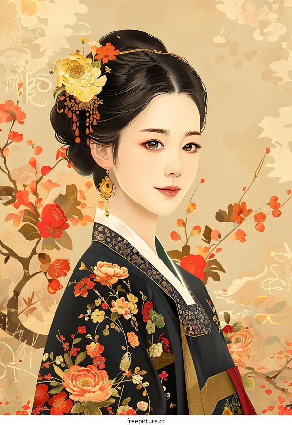 A beautiful illustration of a woman in a traditional Korean hanbok