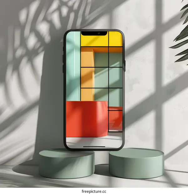 Phone Mockup with Colorful Abstract Geometric Shapes and Shadows