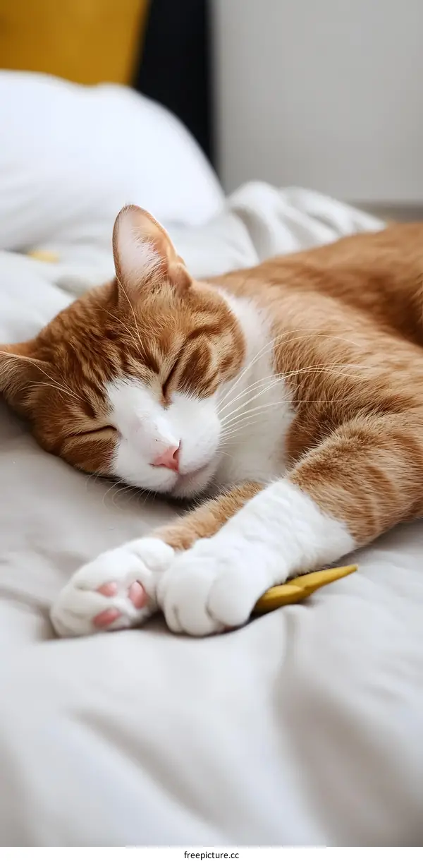 Sleeping Orange and White Cat on Bed