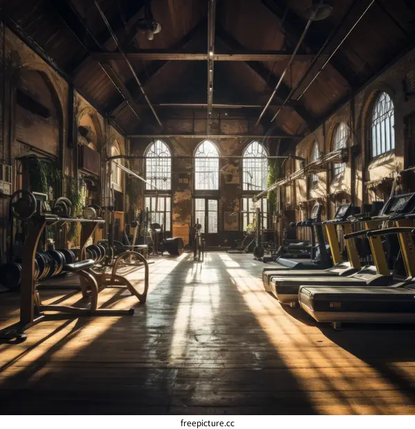 An abandoned weight room with a wooden floor and large windows