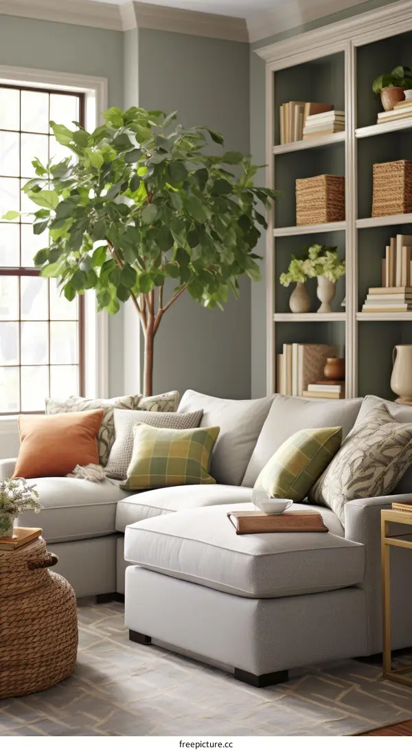 A living room with a large green plant in the corner