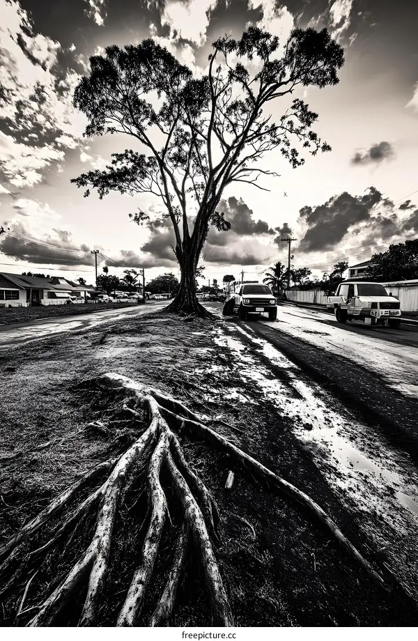 Black and White Photo of Tree Roots on a Road
