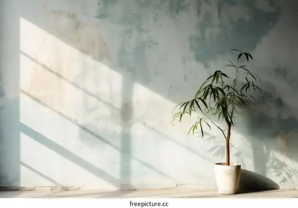 Sunlight shining through a window onto a potted plant