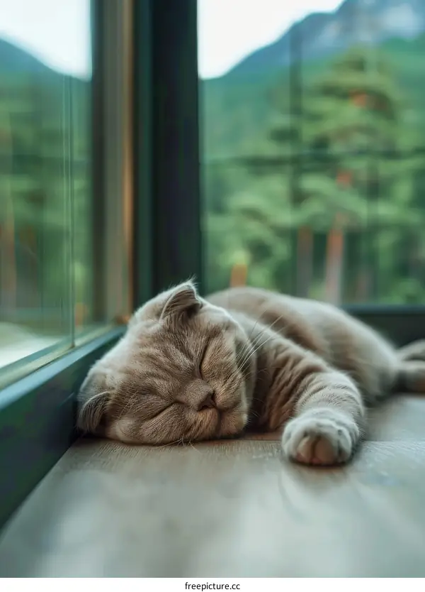 A cute cat is sleeping near the window