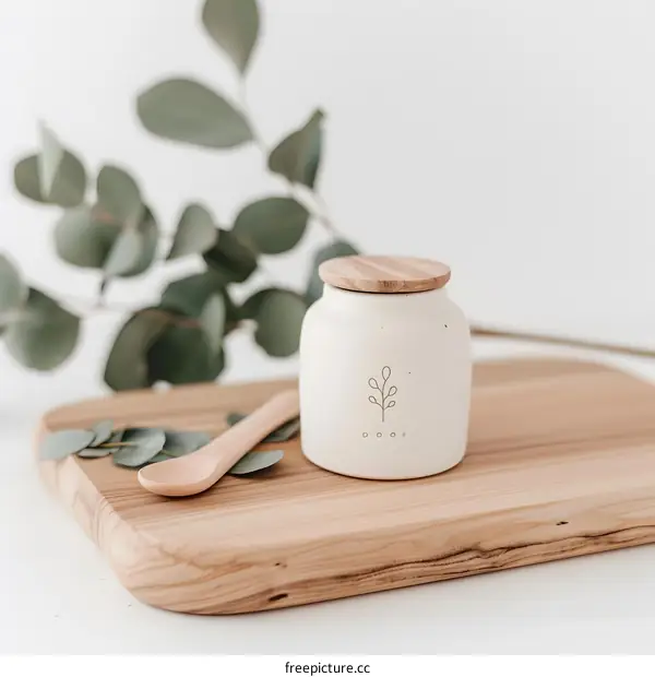 White Ceramic Jar with Wooden Lid on Wooden Cutting Board