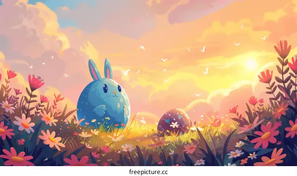 A cute blue rabbit sits in a field of flowers watching the sunset