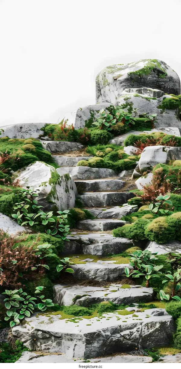 Stone Steps Covered in Moss in a Lush Green Forest
