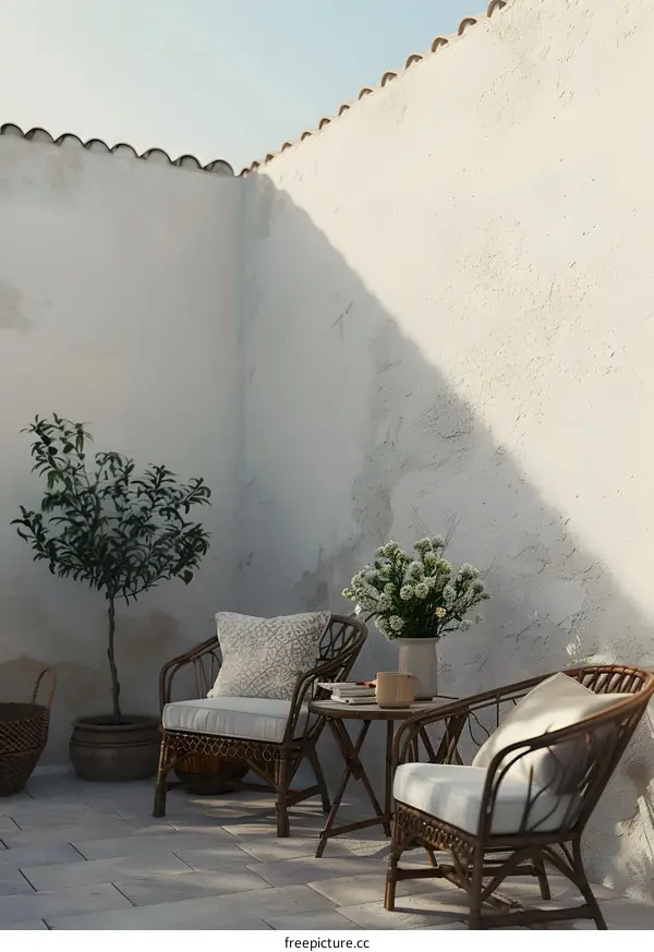 Mediterranean Style Patio With White Wall And Wicker Furniture