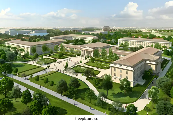 Aerial View of Modern University Campus with Green Spaces and Buildings