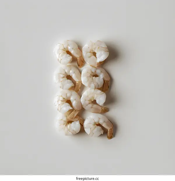 Peeled raw shrimps on a white background. Top view.