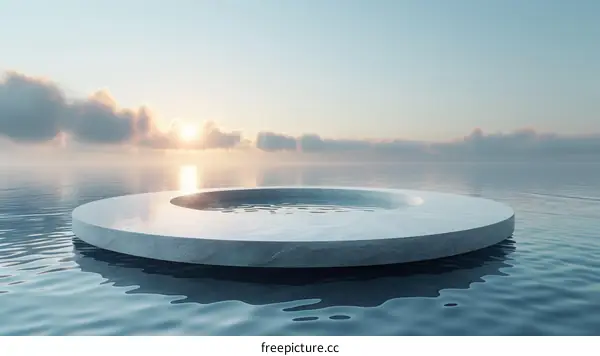 3D rendering of a concrete platform floating on water with a sunset in the background
