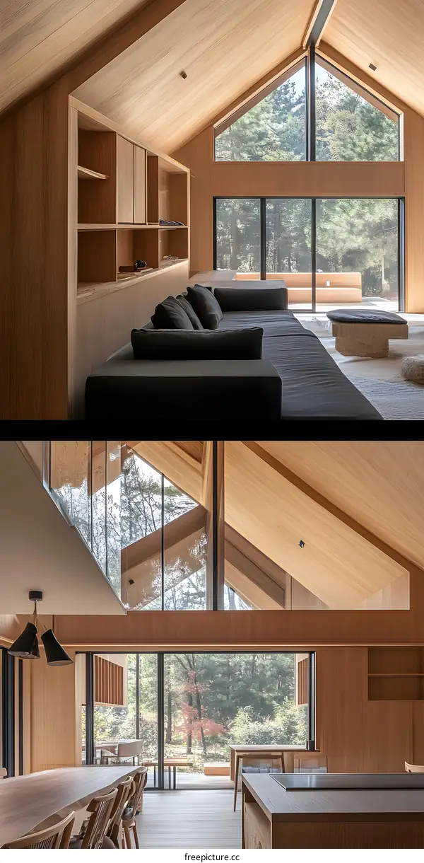 Modern Wooden House Interior Design With Large Windows