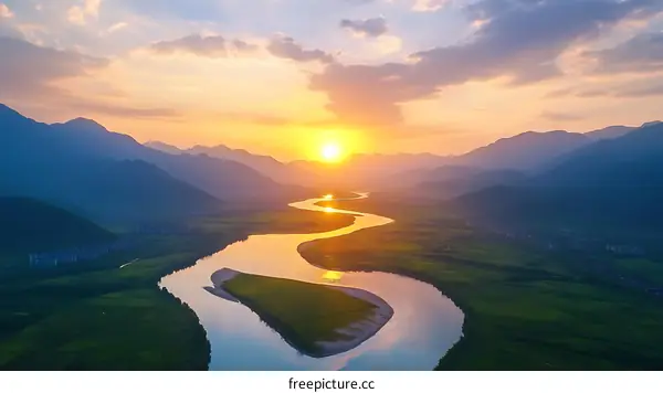 Sunset Over Winding River Valley