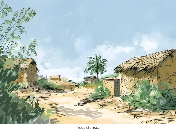 Hand Drawn Illustration of a Village in Africa