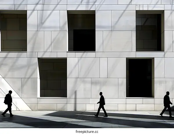 Silhouettes of Three Men Walking in Front of a Modern Building