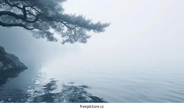 Foggy lake with tree branches in the foreground