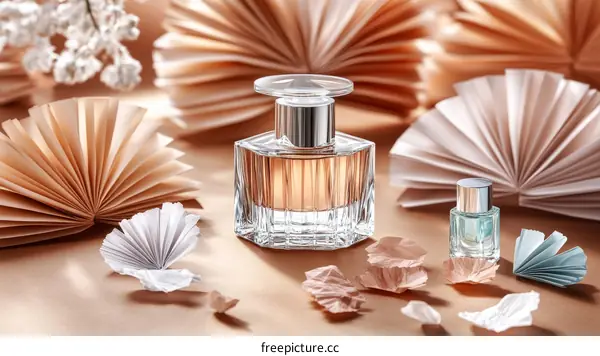 Elegant Perfume Bottles Displayed with Paper Decorations