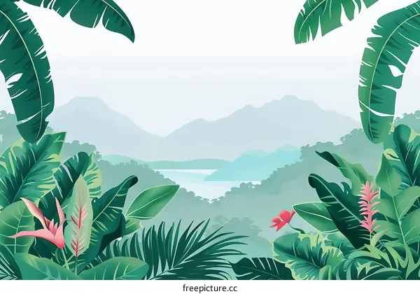 Tropical Rainforest Landscape With Lush Greenery And Mountains