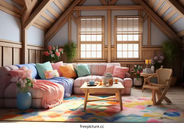 A cozy living room with a sofa, coffee table, rug, flowers, and windows