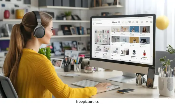 Woman Working from Home on a Computer